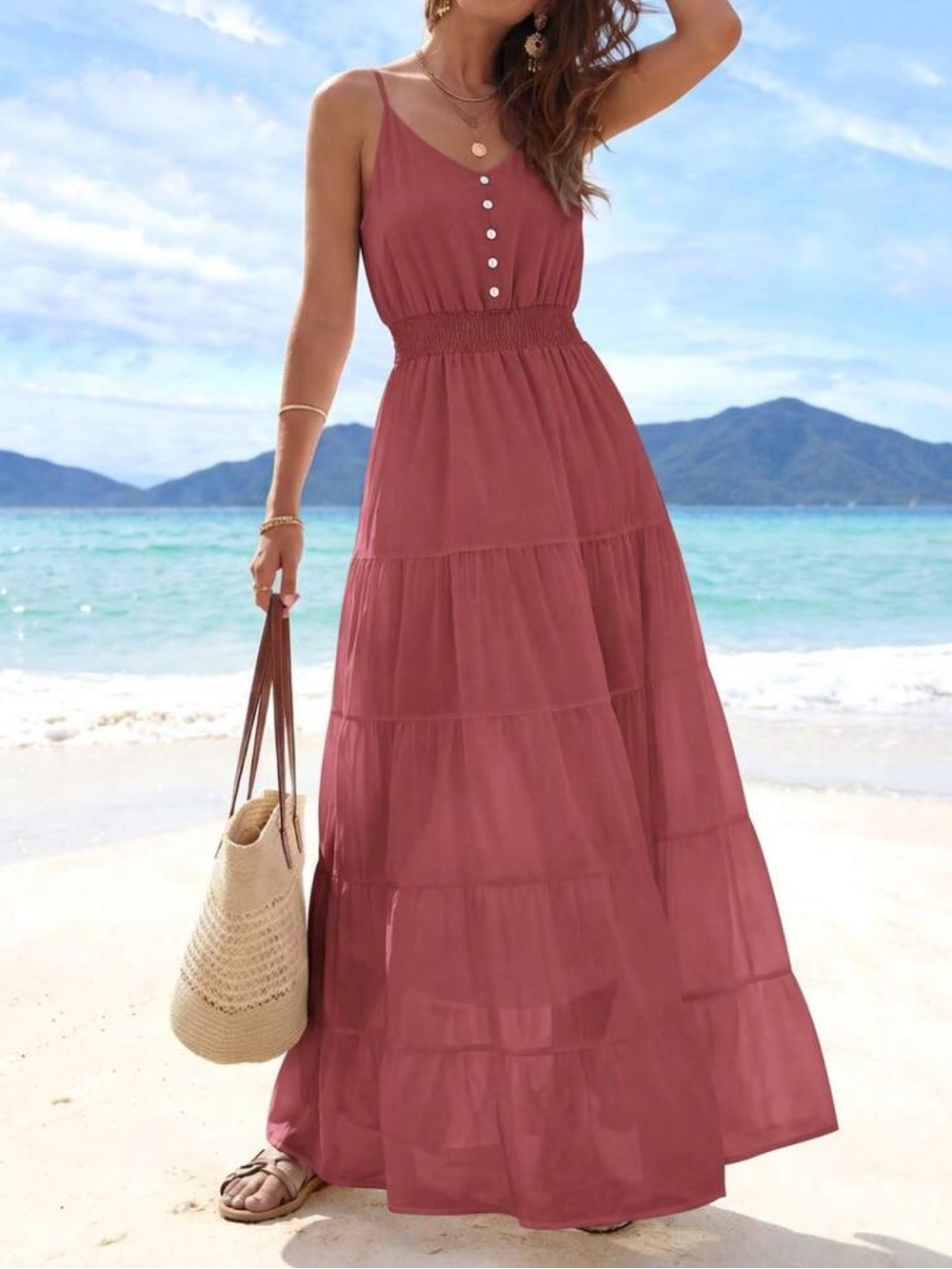 Sleeveles Dusty Pink  Maxi Dress with Smocked Waist